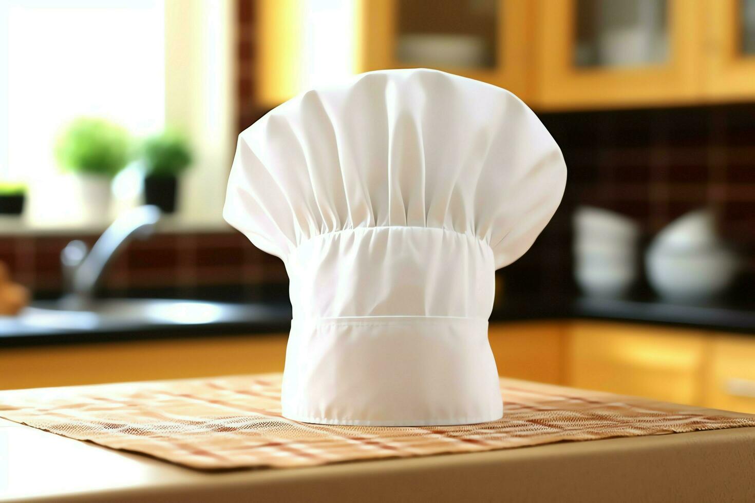 White cook hat in the kitchen table and copy space for your decoration. Advertising photography concept by AI Generated photo