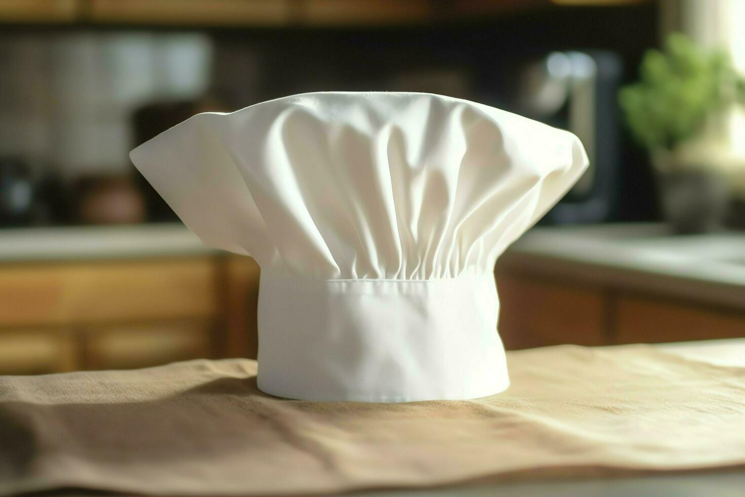 White cook hat in the kitchen table and copy space for your decoration. Advertising photography concept by AI Generated photo