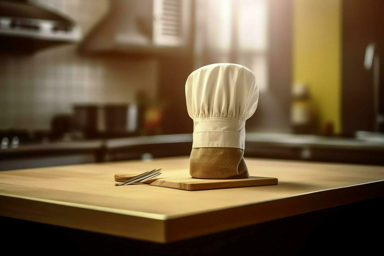 White cook hat in the kitchen table and copy space for your decoration. Advertising photography concept by AI Generated photo