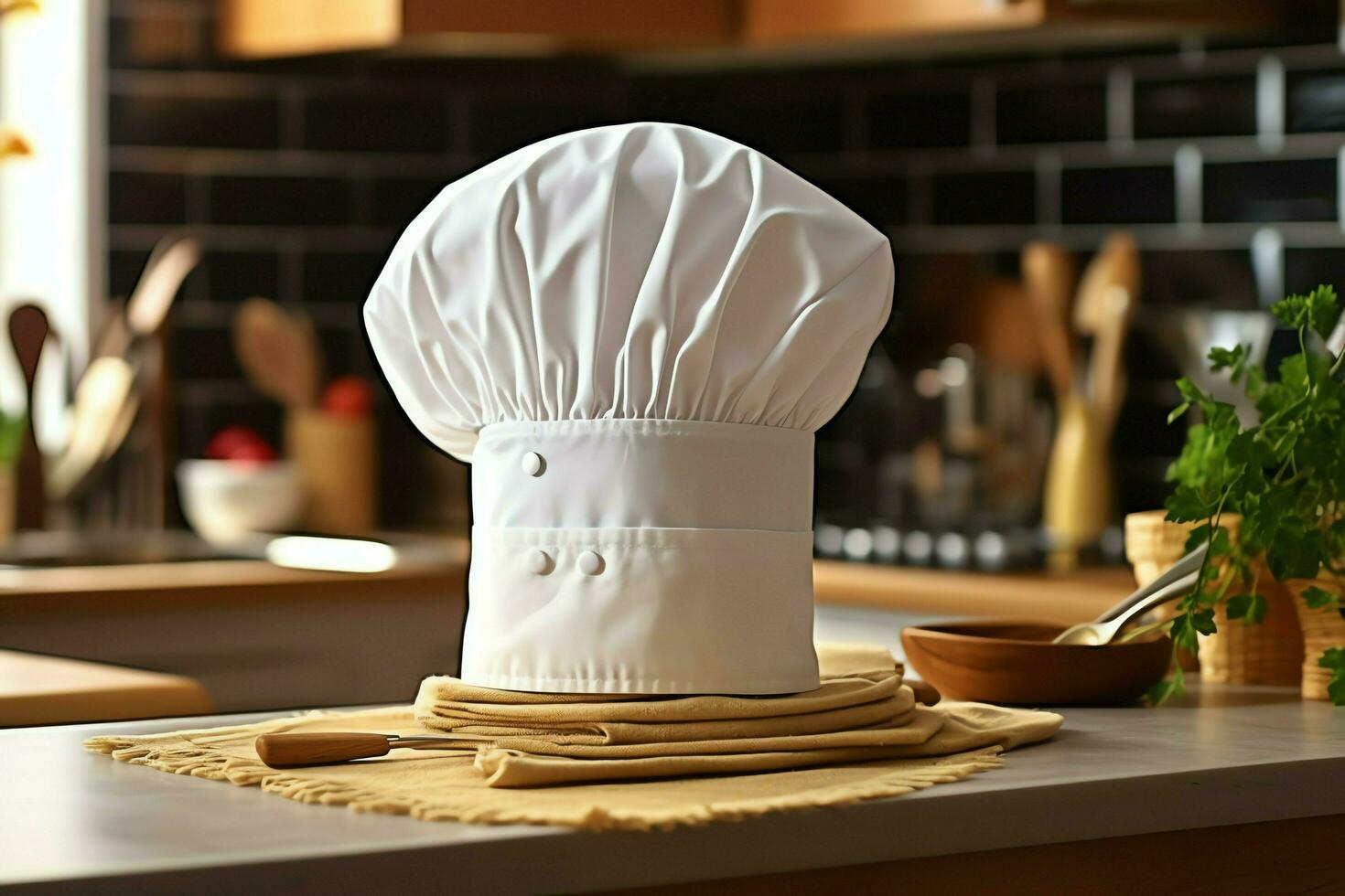 White cook hat in the kitchen table and copy space for your decoration. Advertising photography concept by AI Generated photo