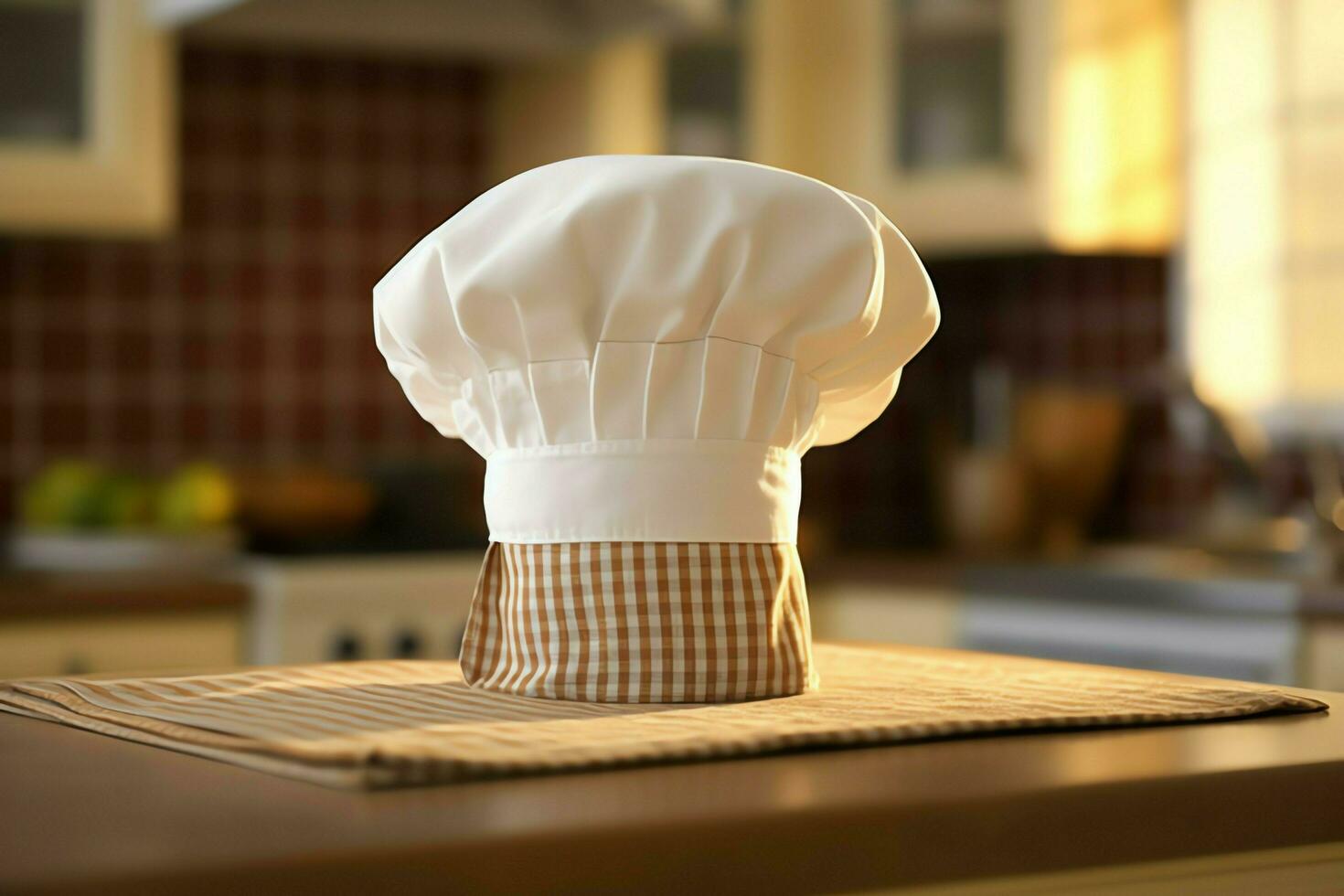 White cook hat in the kitchen table and copy space for your decoration. Advertising photography concept by AI Generated photo