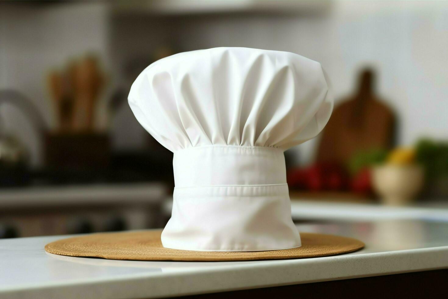 White cook hat in the kitchen table and copy space for your decoration. Advertising photography concept by AI Generated photo