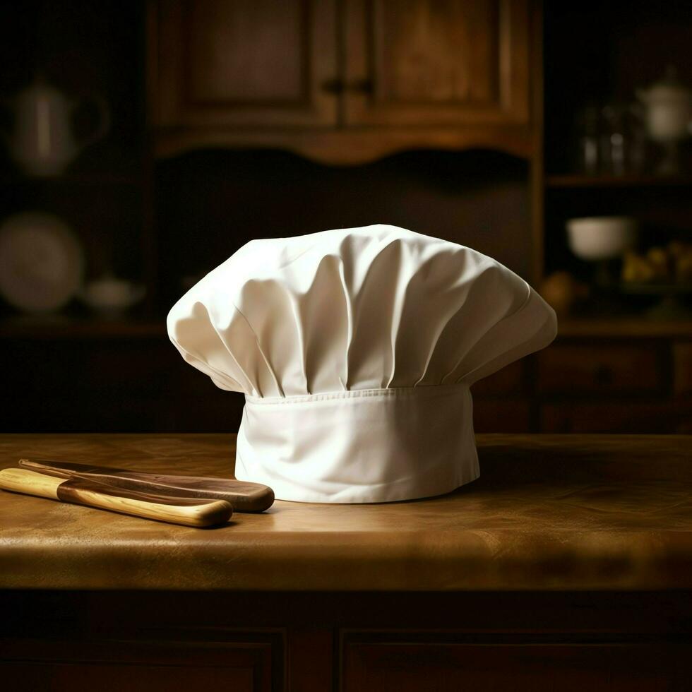 blanco cocinar sombrero en el cocina mesa y Copiar espacio para tu decoración. publicidad fotografía concepto por ai generado foto