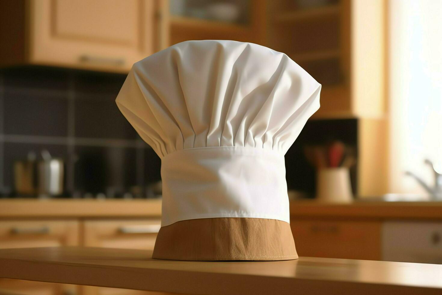 White cook hat in the kitchen table and copy space for your decoration. Advertising photography concept by AI Generated photo