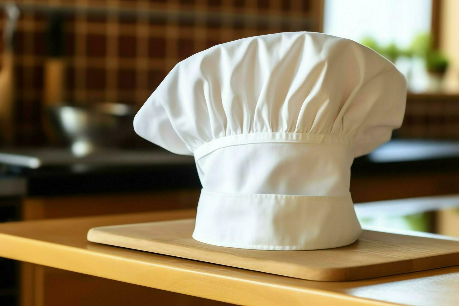 White cook hat in the kitchen table and copy space for your decoration. Advertising photography concept by AI Generated photo