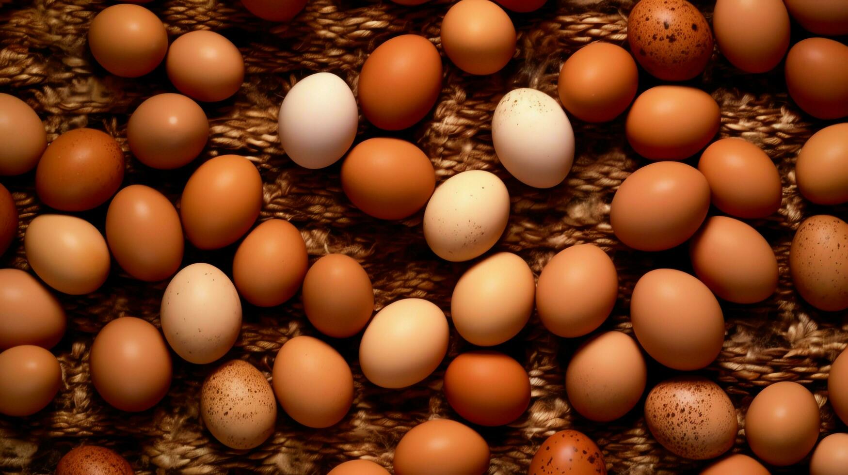 A lot heap of fresh chicken eggs on the wooden, nest or straw basket. Eco eggs groceries healthy concept by AI Generated photo
