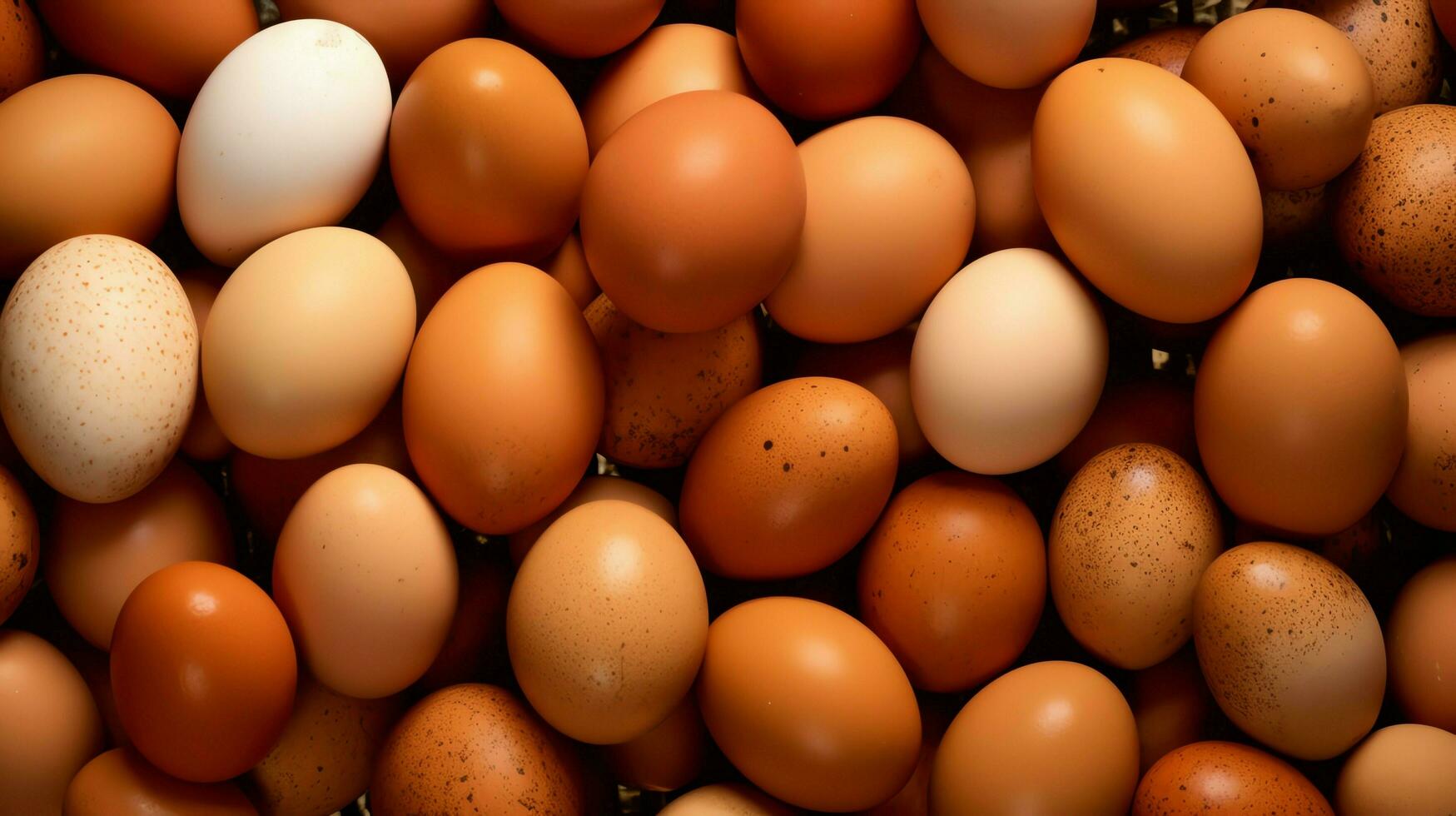 A lot heap of fresh chicken eggs on the wooden, nest or straw basket. Eco eggs groceries healthy concept by AI Generated photo