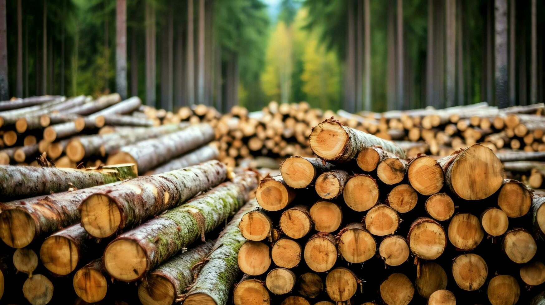 A large circular piece of wood, wooden trunk or stacked tree lumber for furniture industry. Wooden log concept by AI Generated photo