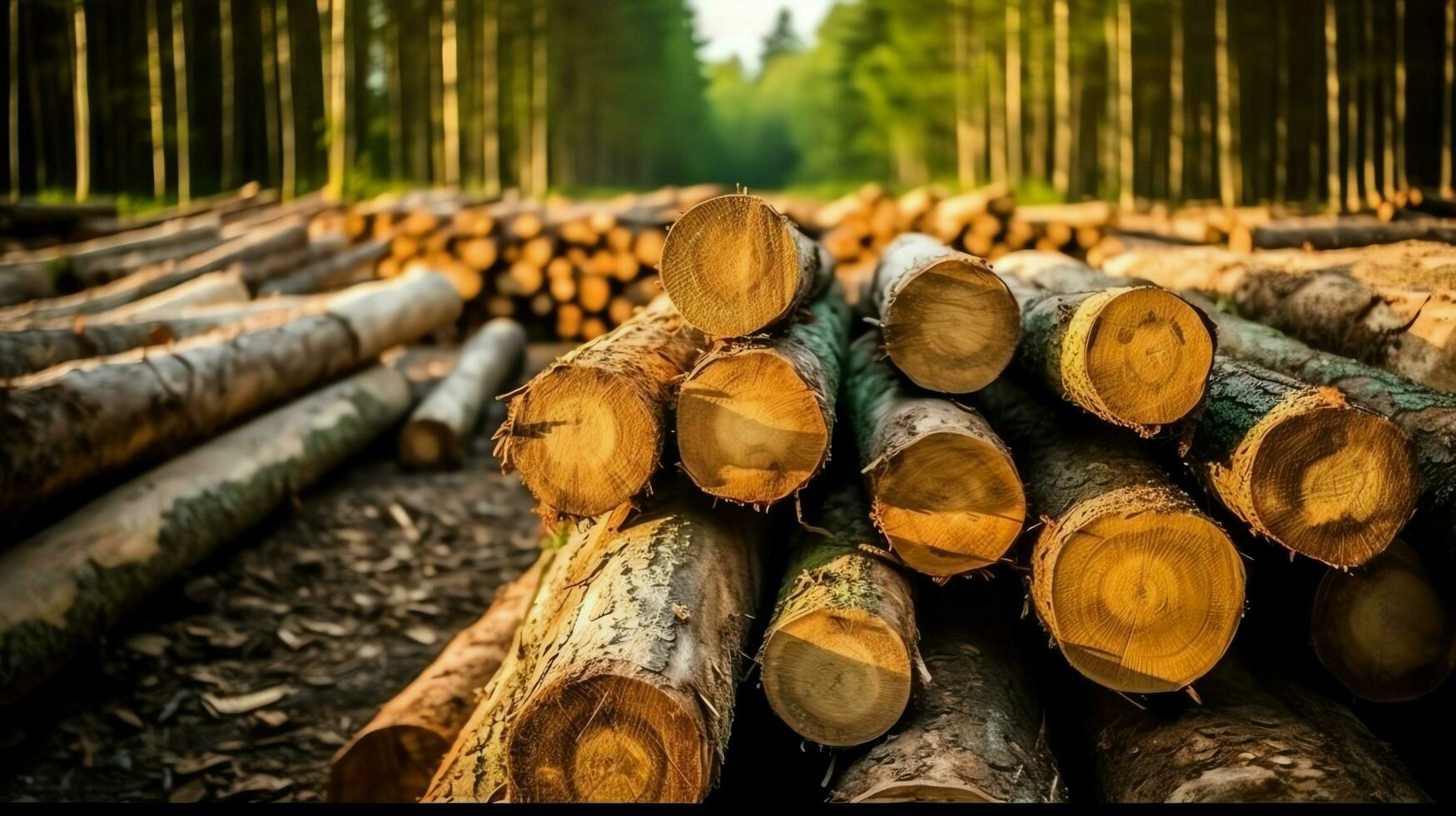 A large circular piece of wood, wooden trunk or stacked tree lumber for furniture industry. Wooden log concept by AI Generated photo