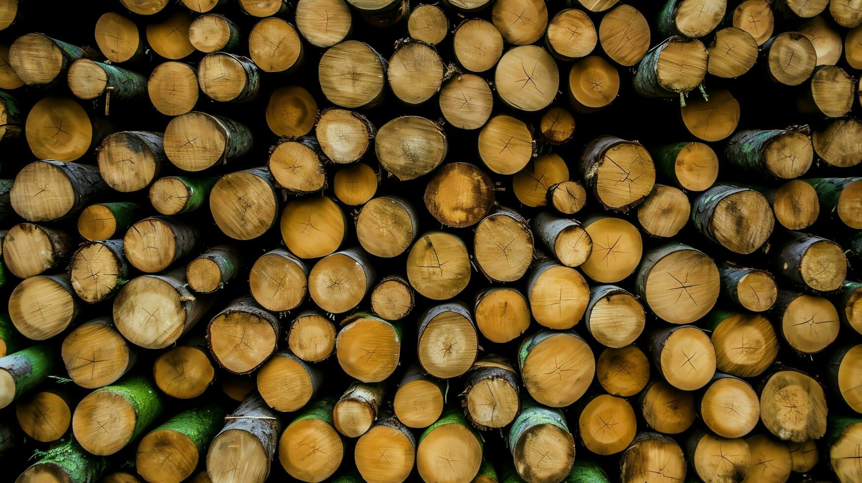 A large circular piece of wood, wooden trunk or stacked tree lumber for furniture industry. Wooden log concept by AI Generated photo