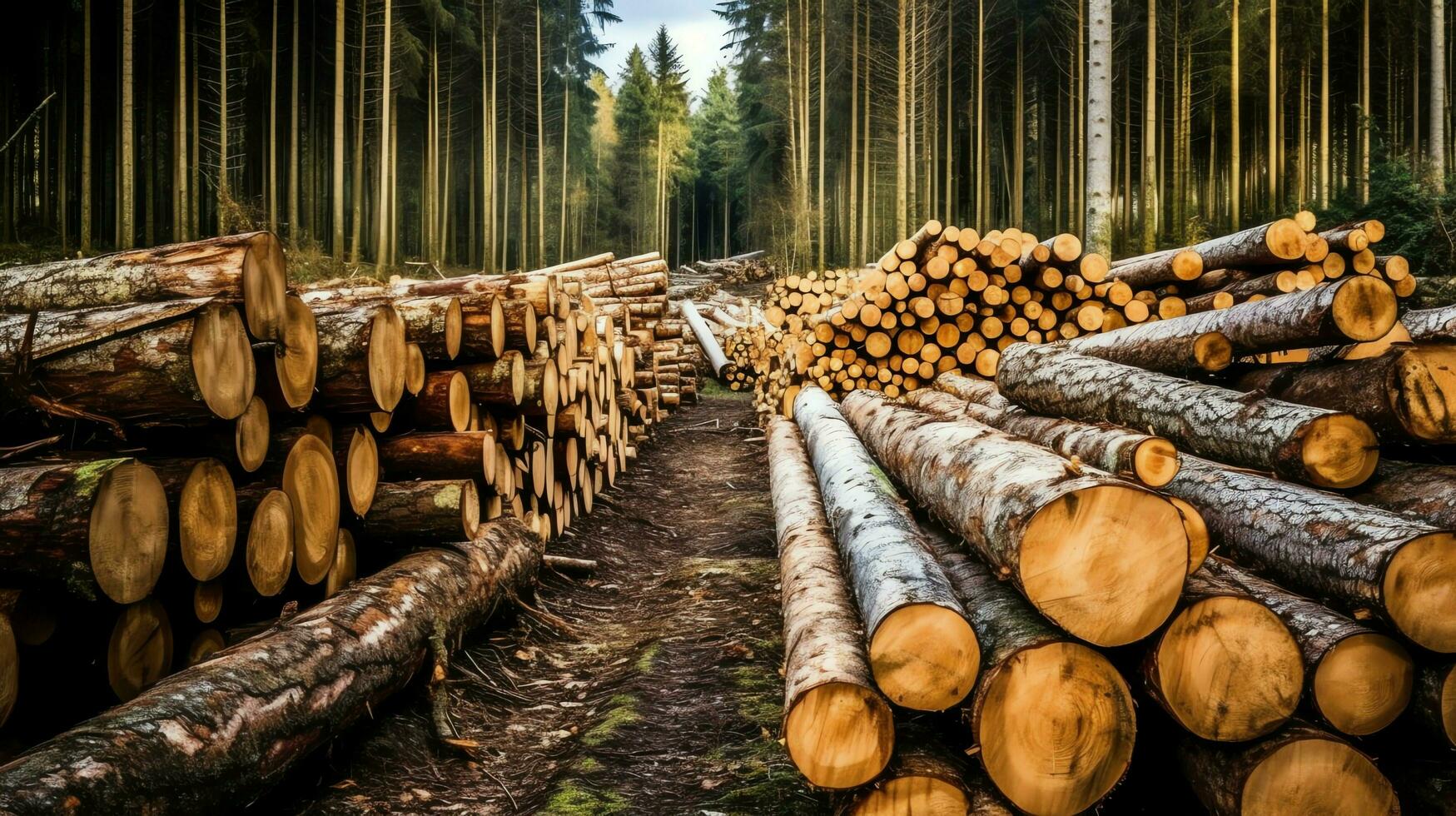 A large circular piece of wood, wooden trunk or stacked tree lumber for furniture industry. Wooden log concept by AI Generated photo