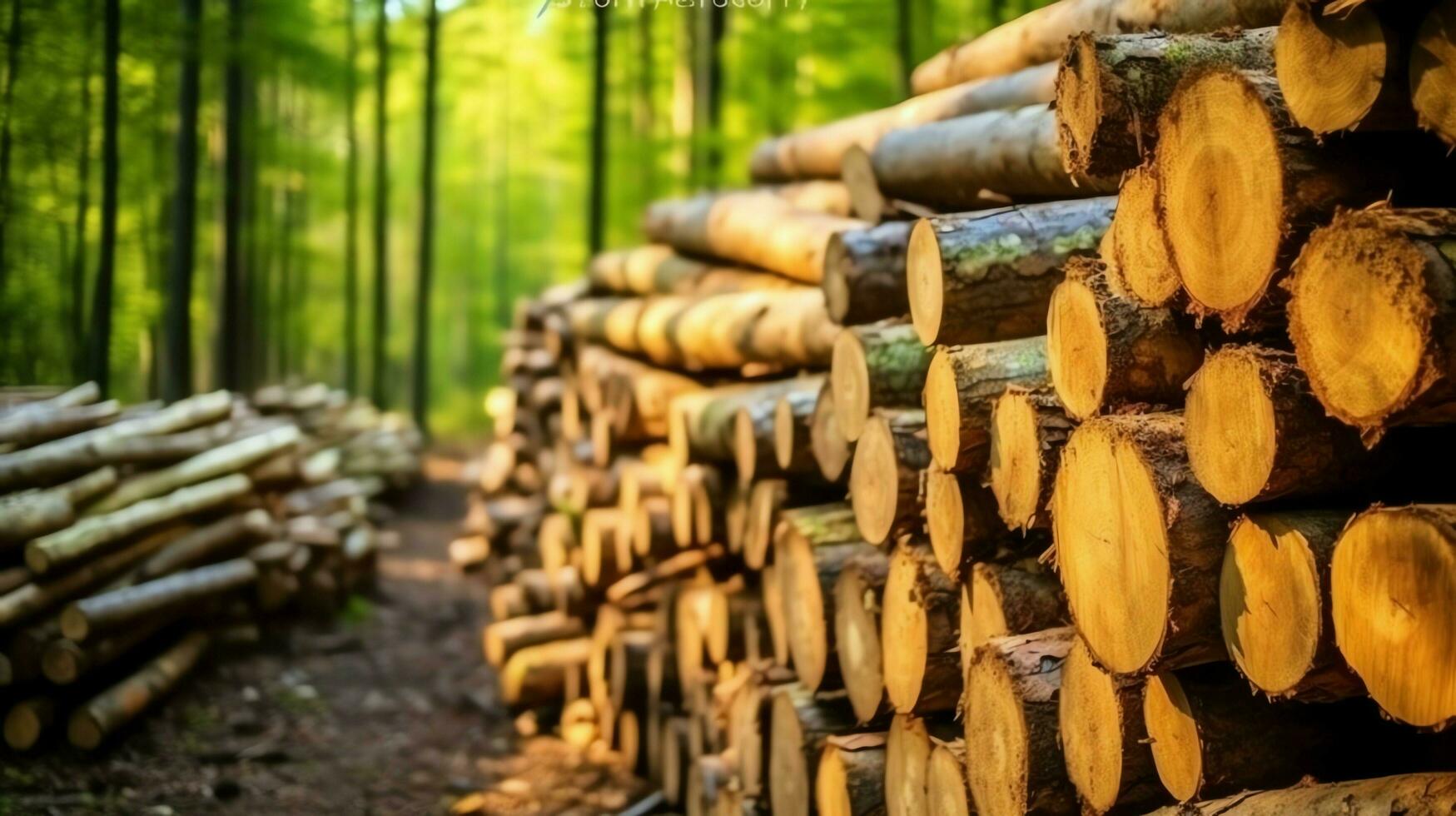 A large circular piece of wood, wooden trunk or stacked tree lumber for furniture industry. Wooden log concept by AI Generated photo
