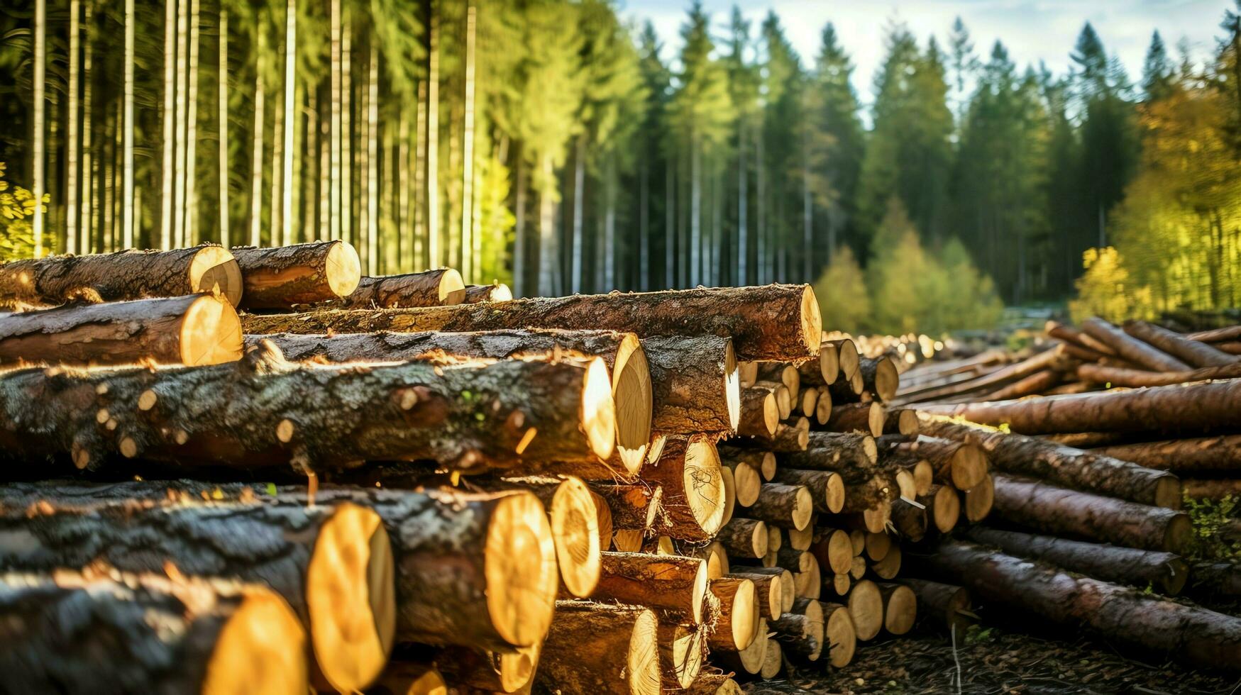 A large circular piece of wood, wooden trunk or stacked tree lumber for furniture industry. Wooden log concept by AI Generated photo