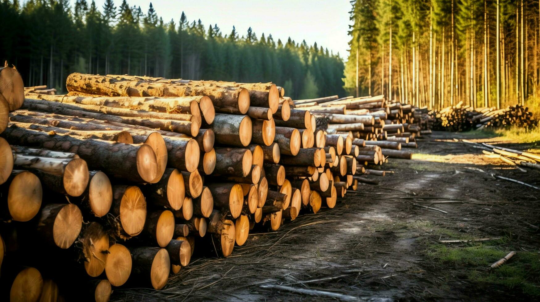 un grande circular pedazo de madera, de madera maletero o apilado árbol Tablas de madera para mueble industria. de madera Iniciar sesión concepto por ai generado foto