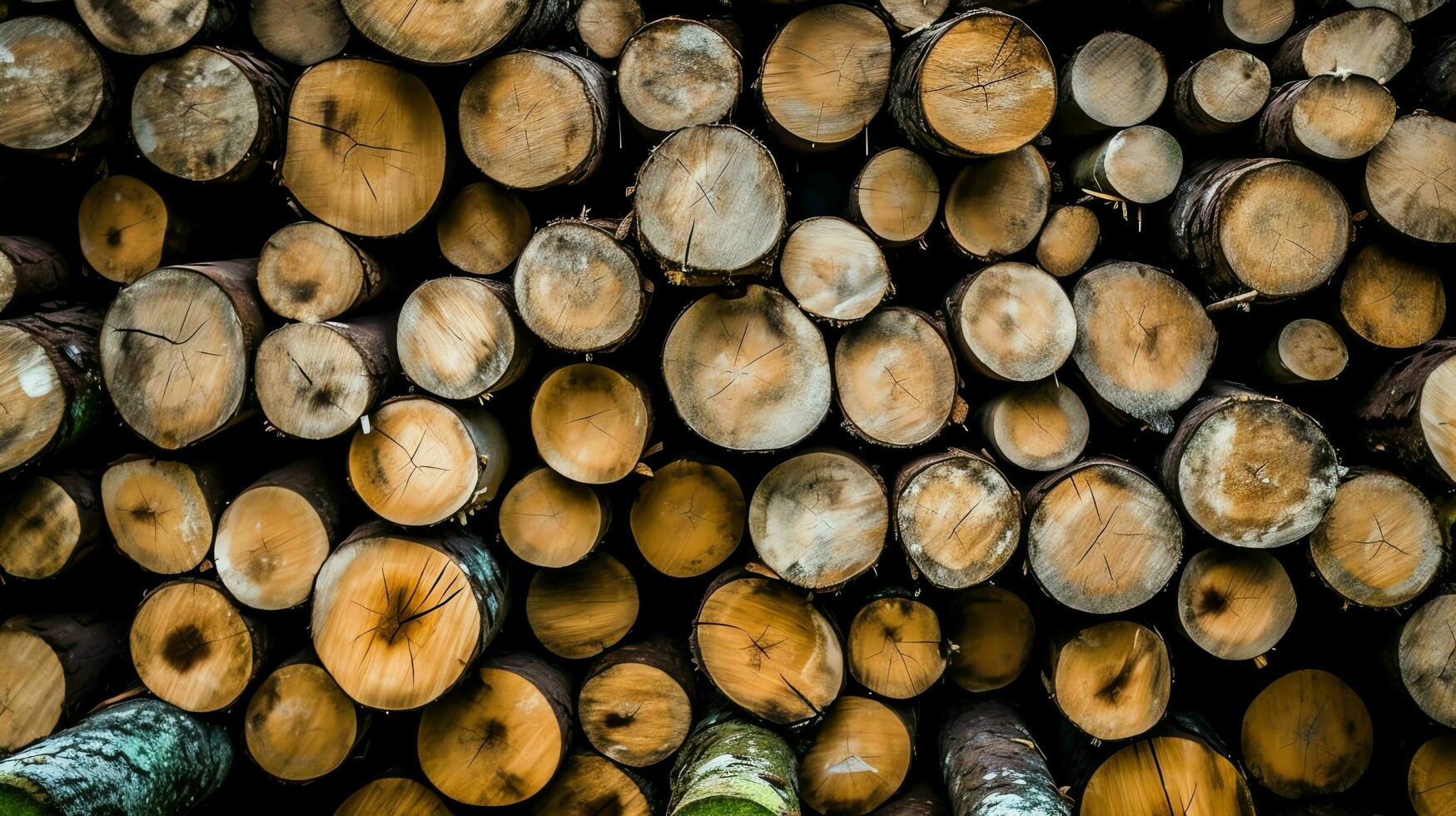 A large circular piece of wood, wooden trunk or stacked tree lumber for furniture industry. Wooden log concept by AI Generated photo