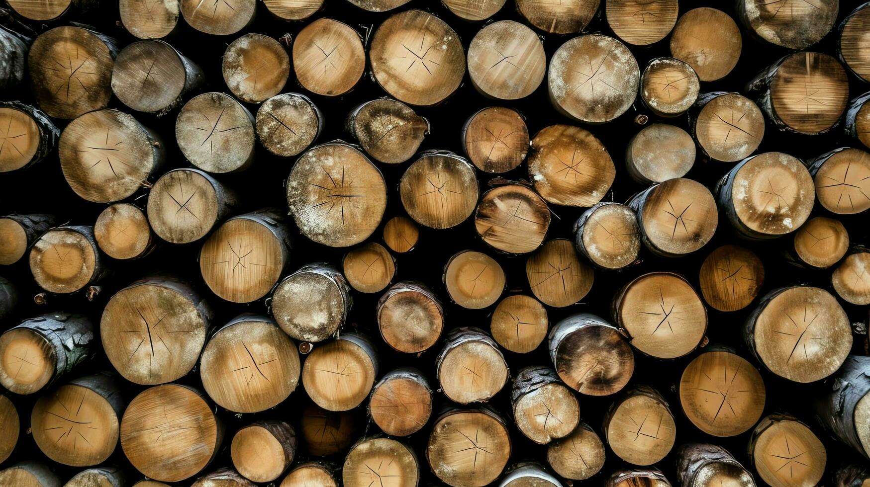 A large circular piece of wood, wooden trunk or stacked tree lumber for furniture industry. Wooden log concept by AI Generated photo