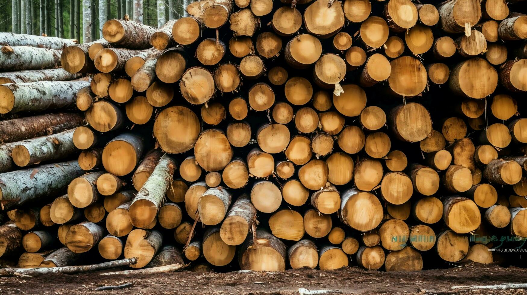 A large circular piece of wood, wooden trunk or stacked tree lumber for furniture industry. Wooden log concept by AI Generated photo