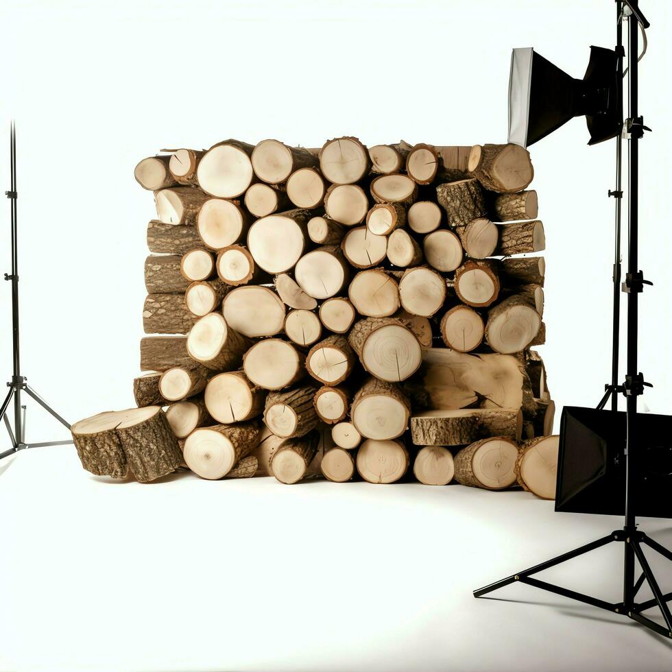 A large circular piece of wood, wooden trunk or stacked tree lumber for furniture industry. Wooden log concept by AI Generated photo