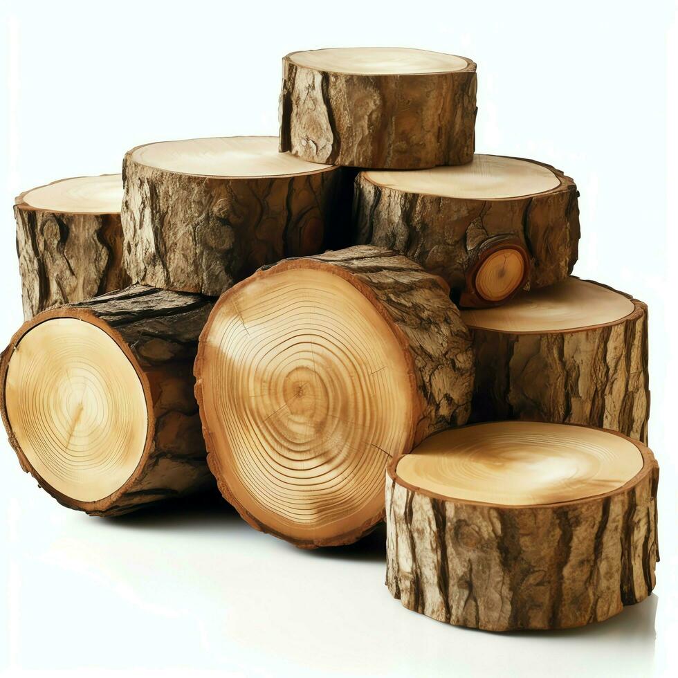 un grande circular pedazo de madera, de madera maletero o apilado árbol Tablas de madera para mueble industria. de madera Iniciar sesión concepto por ai generado foto