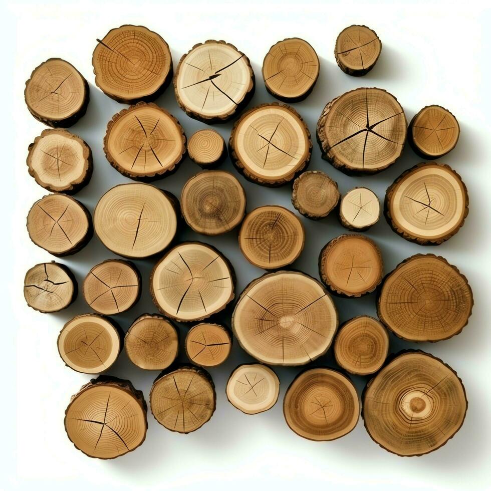 A large circular piece of wood, wooden trunk or stacked tree lumber for furniture industry. Wooden log concept by AI Generated photo