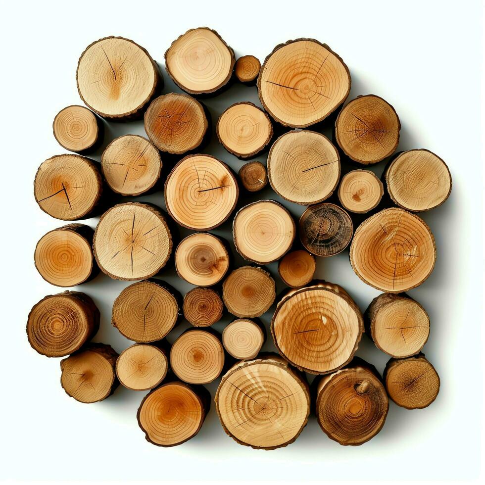 A large circular piece of wood, wooden trunk or stacked tree lumber for furniture industry. Wooden log concept by AI Generated photo
