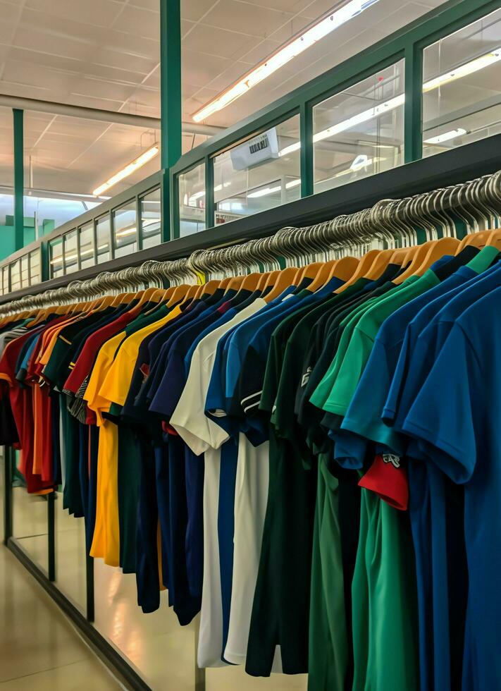 Row of fashionable polo t-shirts for man on wooden hanger or rack in a clothing boutique retail shop concept by AI Generated photo