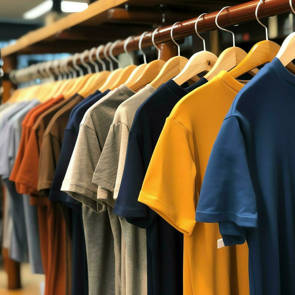 Row of fashionable polo t-shirts for man on wooden hanger or rack in a clothing boutique retail shop concept by AI Generated photo