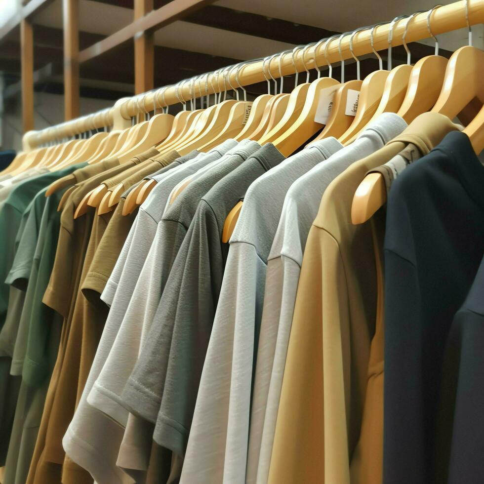 Row of fashionable polo t-shirts for man on wooden hanger or rack in a clothing boutique retail shop concept by AI Generated photo