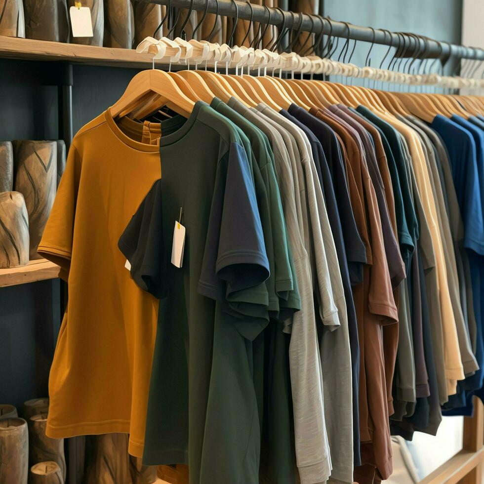 Row of fashionable polo t-shirts for man on wooden hanger or rack in a clothing boutique retail shop concept by AI Generated photo