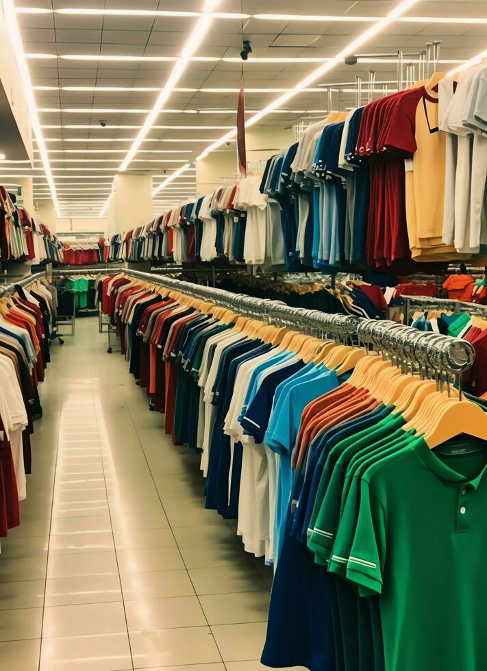 Row of fashionable polo t-shirts for man on wooden hanger or rack in a clothing boutique retail shop concept by AI Generated photo