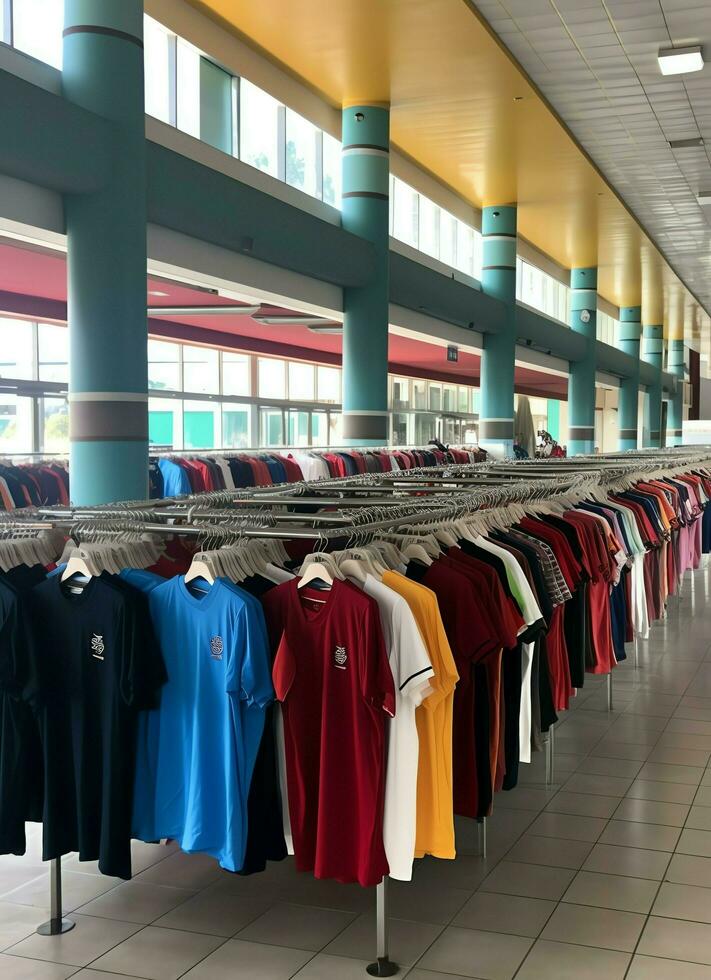 Row of fashionable polo t-shirts for man on wooden hanger or rack in a clothing boutique retail shop concept by AI Generated photo