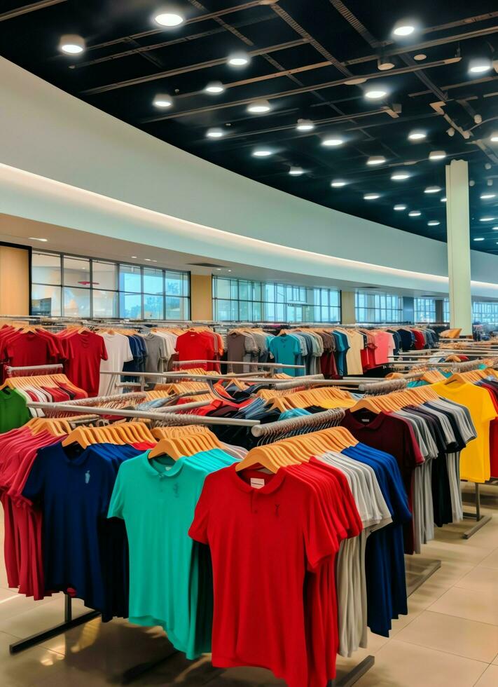 Row of fashionable polo t-shirts for man on wooden hanger or rack in a clothing boutique retail shop concept by AI Generated photo