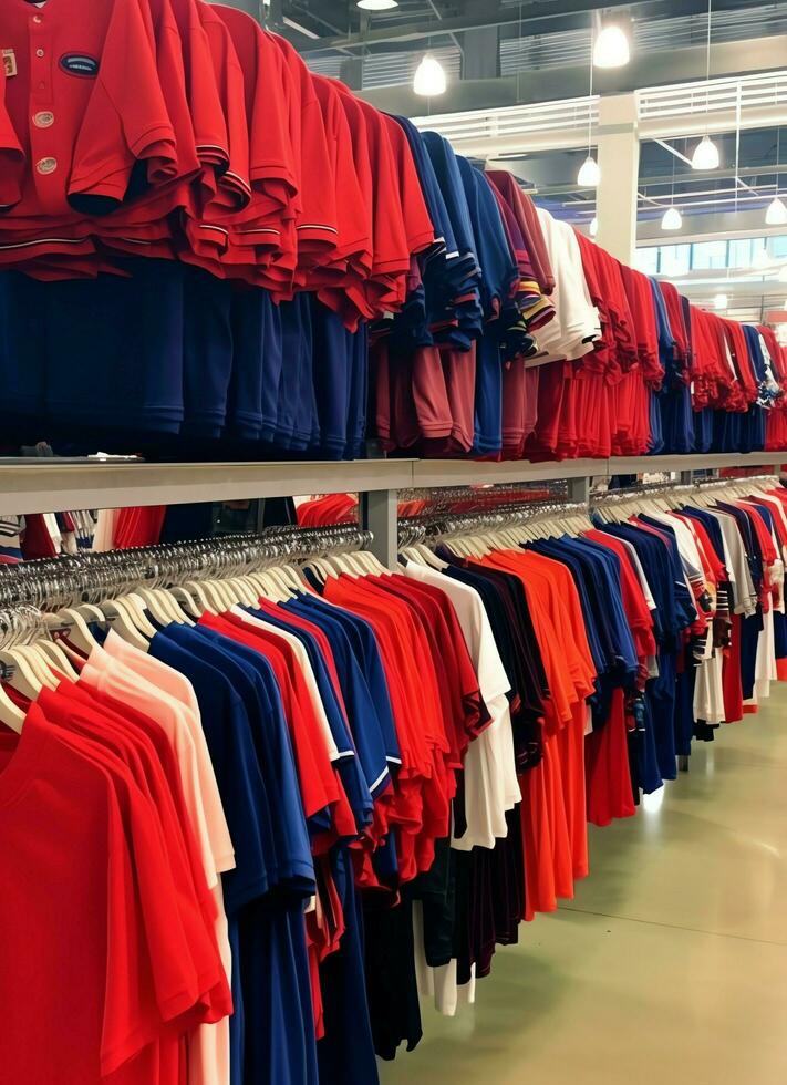 Row of fashionable polo t-shirts for man on wooden hanger or rack in a clothing boutique retail shop concept by AI Generated photo