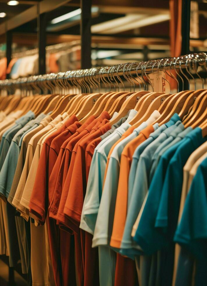 Row of fashionable polo t-shirts for man on wooden hanger or rack in a clothing boutique retail shop concept by AI Generated photo