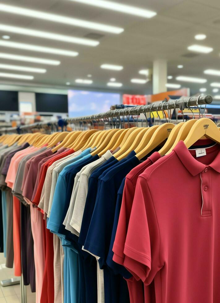 Row of fashionable polo t-shirts for man on wooden hanger or rack in a clothing boutique retail shop concept by AI Generated photo