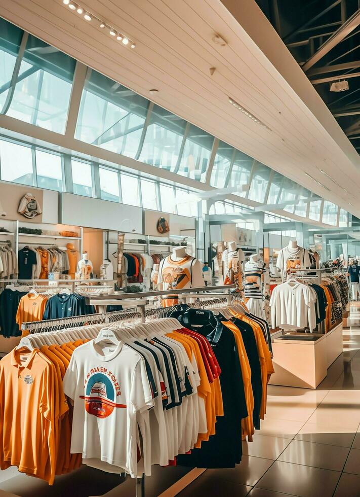 fila de de moda polo camisetas para hombre en de madera percha o estante en un ropa boutique Al por menor tienda concepto por ai generado foto