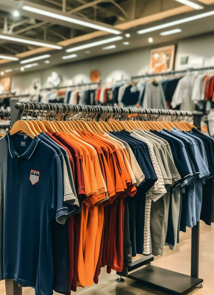 Row of fashionable polo t-shirts for man on wooden hanger or rack in a clothing boutique retail shop concept by AI Generated photo