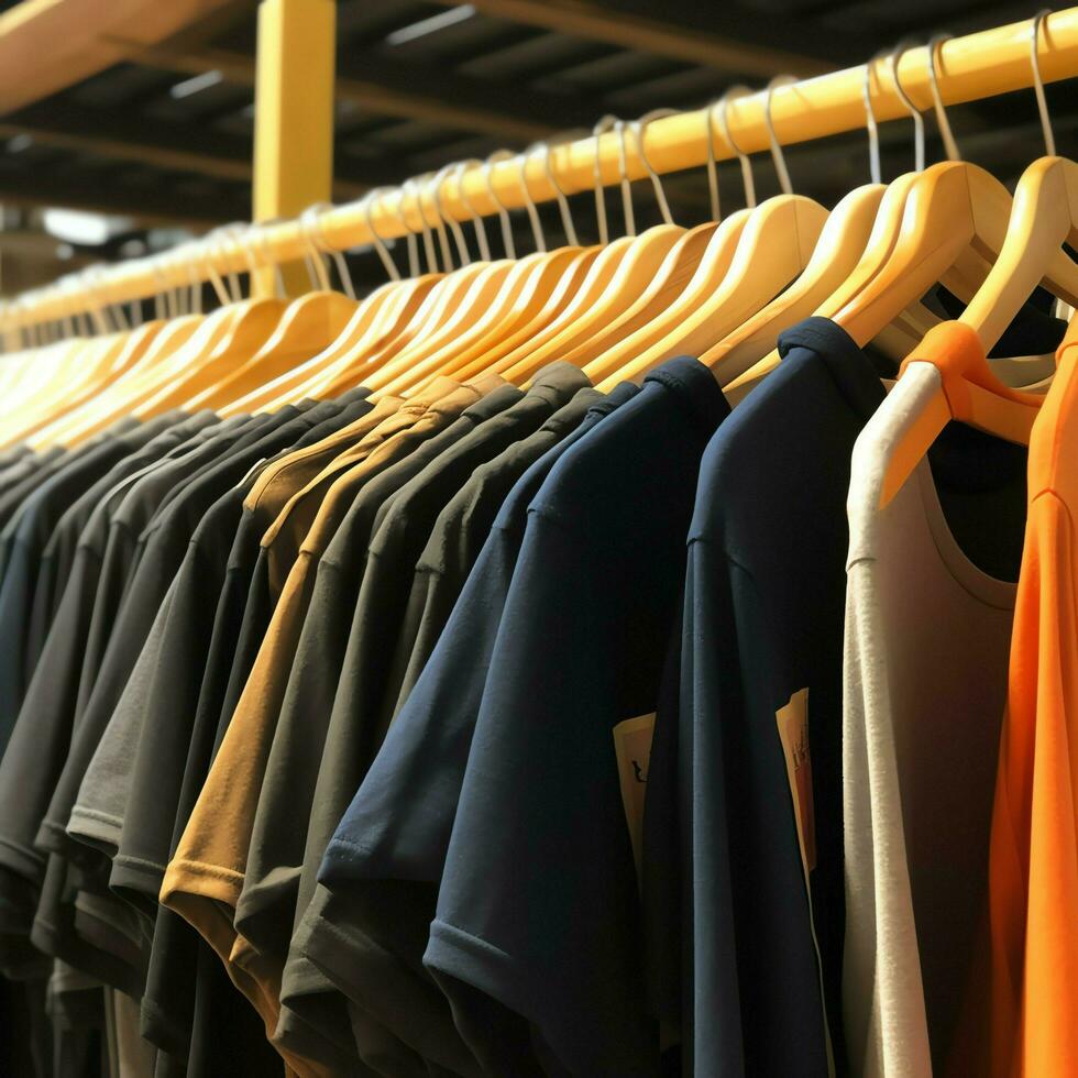 Row of fashionable polo t-shirts for man on wooden hanger or rack in a clothing boutique retail shop concept by AI Generated photo