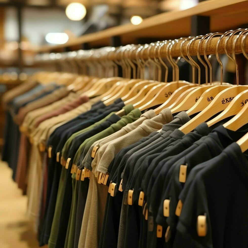 Row of fashionable polo t-shirts for man on wooden hanger or rack in a clothing boutique retail shop concept by AI Generated photo