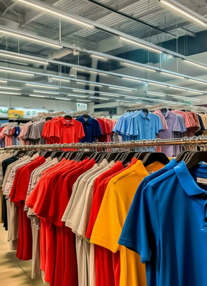Row of fashionable polo t-shirts for man on wooden hanger or rack in a clothing boutique retail shop concept by AI Generated photo