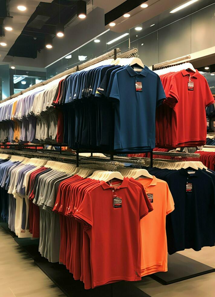 fila de de moda polo camisetas para hombre en de madera percha o estante en un ropa boutique Al por menor tienda concepto por ai generado foto