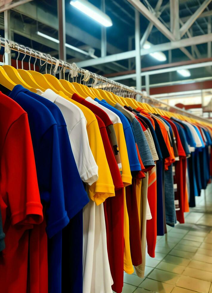 Row of fashionable polo t-shirts for man on wooden hanger or rack in a clothing boutique retail shop concept by AI Generated photo