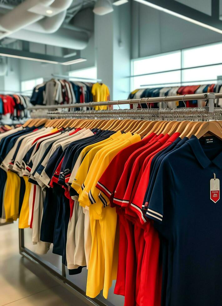 Row of fashionable polo t-shirts for man on wooden hanger or rack in a clothing boutique retail shop concept by AI Generated photo