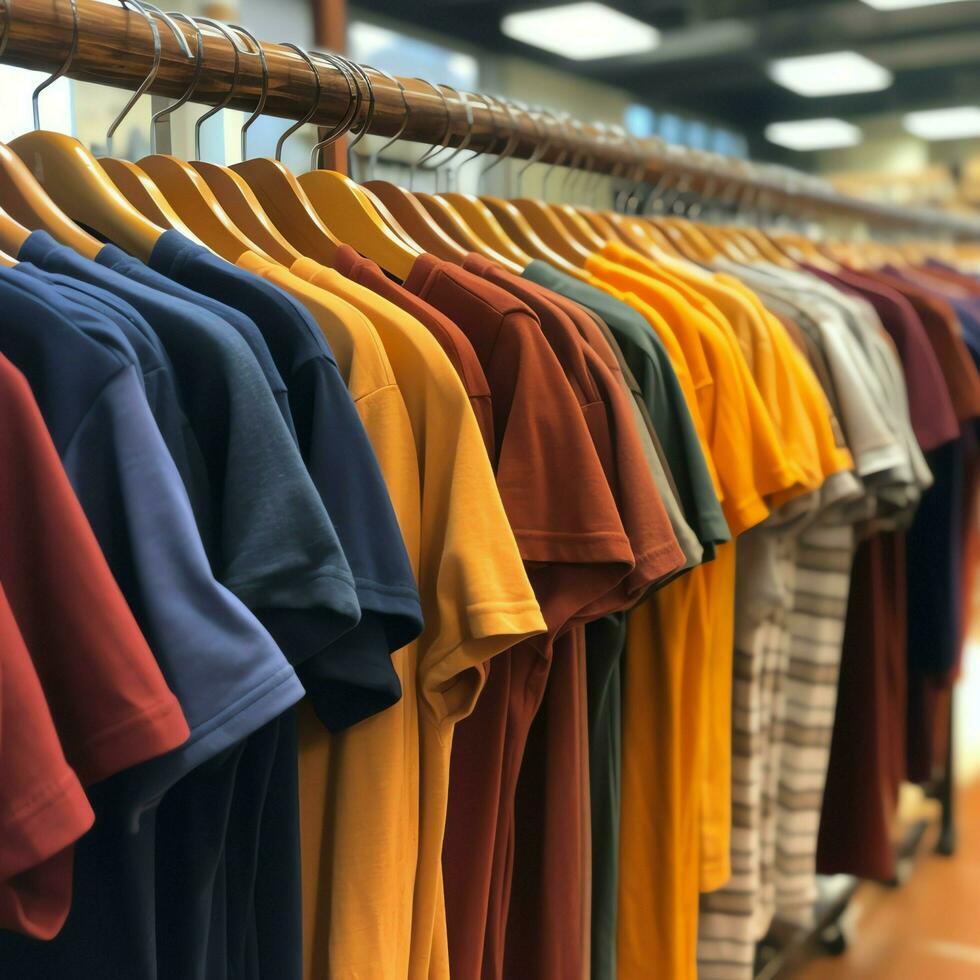 Row of fashionable polo t-shirts for man on wooden hanger or rack in a clothing boutique retail shop concept by AI Generated photo