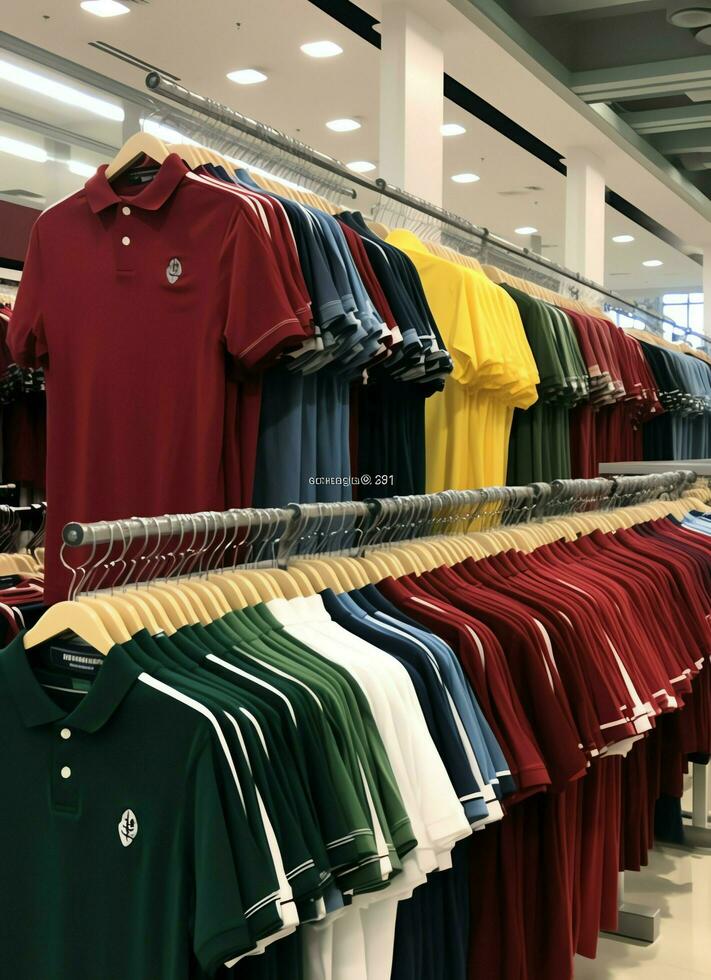 Row of fashionable polo t-shirts for man on wooden hanger or rack in a clothing boutique retail shop concept by AI Generated photo