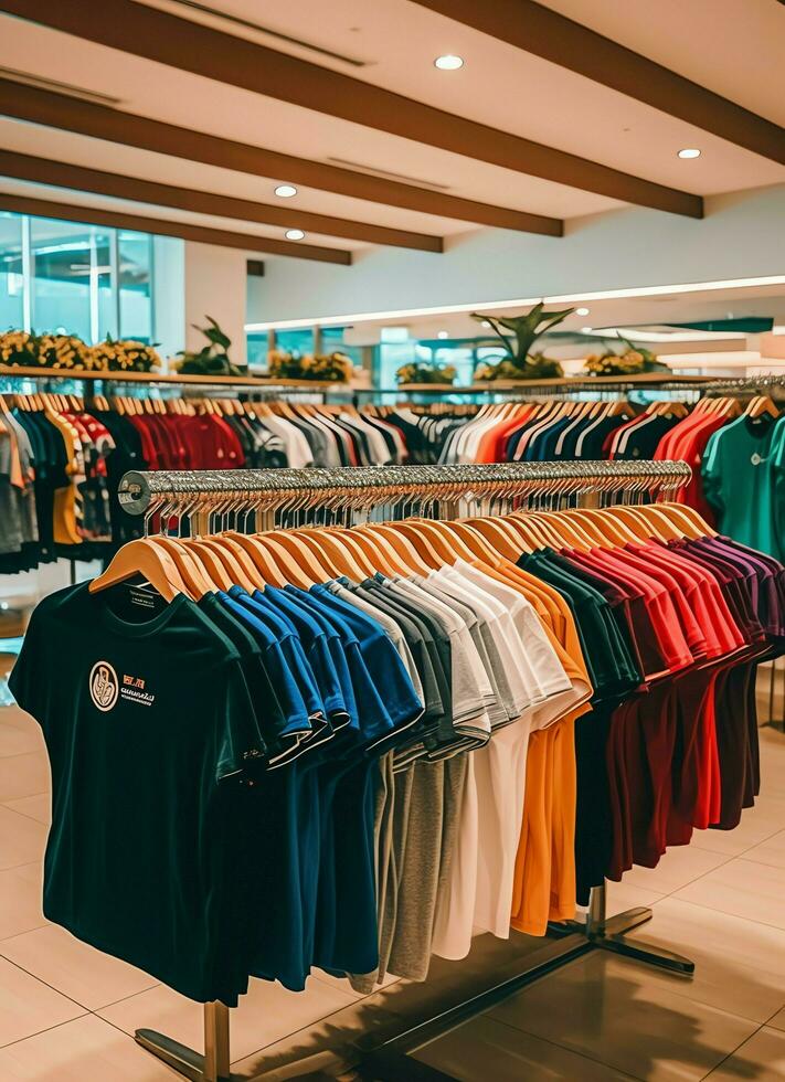 Row of fashionable polo t-shirts for man on wooden hanger or rack in a clothing boutique retail shop concept by AI Generated photo