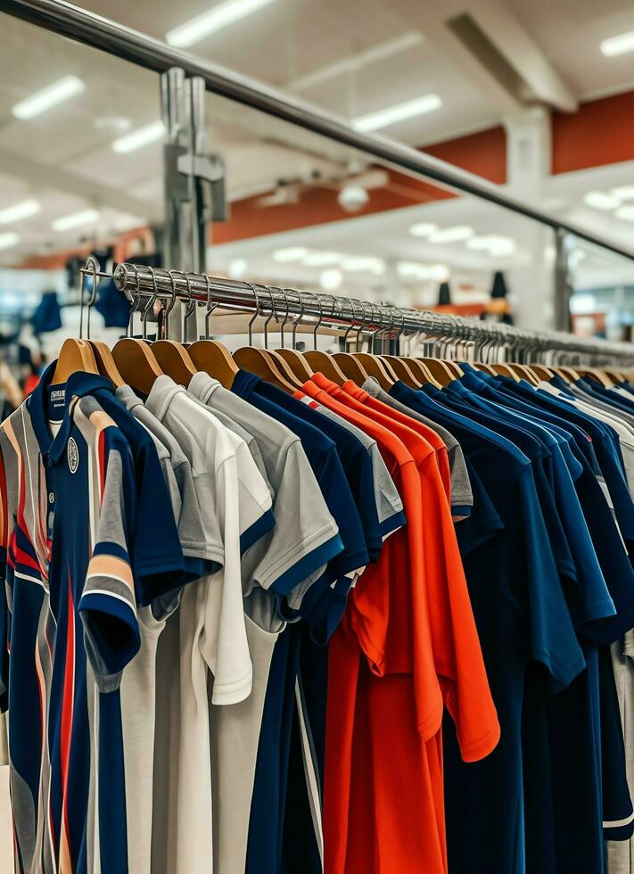 Row of fashionable polo t-shirts for man on wooden hanger or rack in a clothing boutique retail shop concept by AI Generated photo