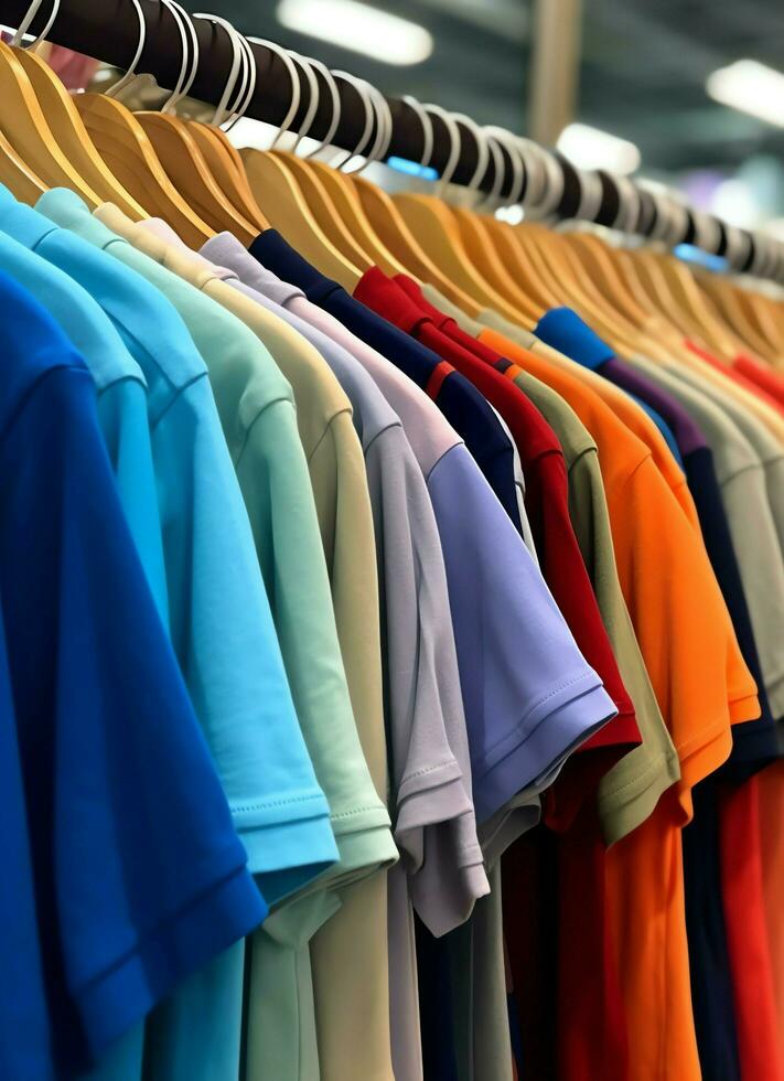 Row of fashionable polo t-shirts for man on wooden hanger or rack in a clothing boutique retail shop concept by AI Generated photo