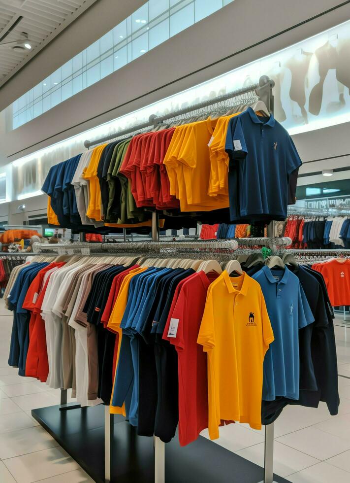 fila de de moda polo camisetas para hombre en de madera percha o estante en un ropa boutique Al por menor tienda concepto por ai generado foto