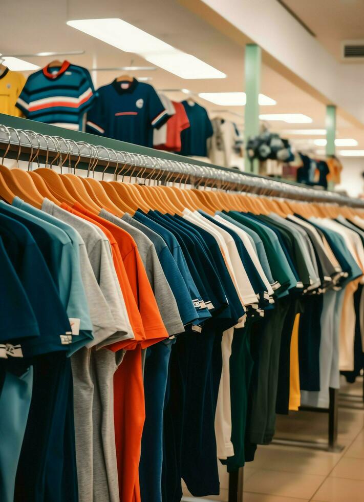 Row of fashionable polo t-shirts for man on wooden hanger or rack in a clothing boutique retail shop concept by AI Generated photo